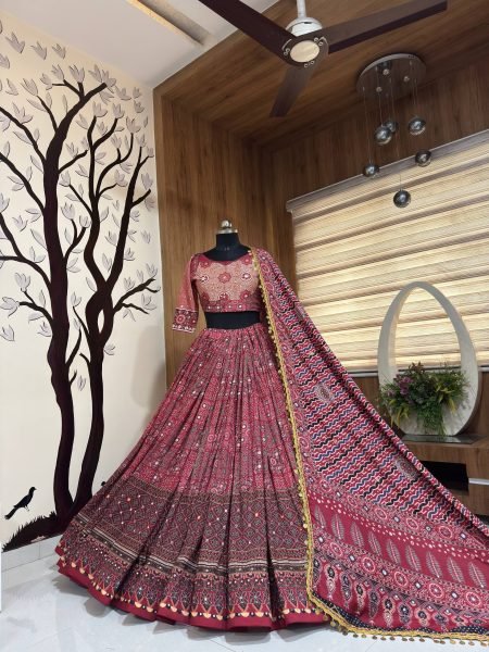 Navratri 2026 Red Heavy Muslin Cotton Lehenga Choli with Real Mirror Work Navratri Lehnega Choli