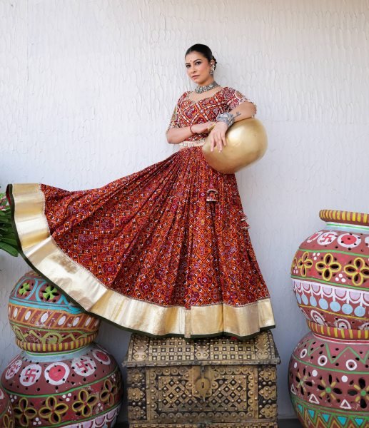 Navratri 2026 Red Heavy Muslin Cotton Lehenga Choli with Real Mirror Work for Garba Night Navratri Lehnega Choli