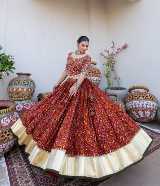 Navratri 2026 Red Heavy Muslin Cotton Lehenga Choli with Real Mirror Work for Garba Night Navratri Lehnega Choli
