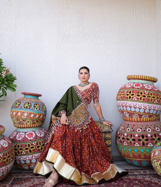 Navratri 2026 Red Heavy Muslin Cotton Lehenga Choli with Real Mirror Work for Garba Night Navratri Lehnega Choli