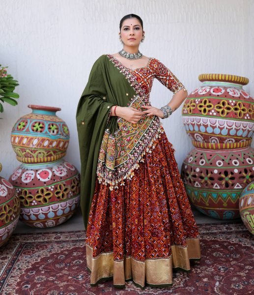 Navratri 2026 Red Heavy Muslin Cotton Lehenga Choli with Real Mirror Work for Garba Night Navratri Lehnega Choli