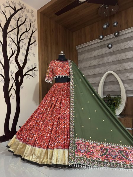 Navratri 2026 Red Heavy Muslin Cotton Lehenga Choli with Real Mirror Work for Garba Night Navratri Lehnega Choli
