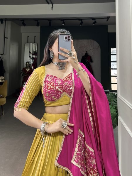 Navratri Collection Gamthi work Chanderi Lehenga Set with Zari Line Gota Patti   Sequins Work Dupatta Navratri Lehnega Choli