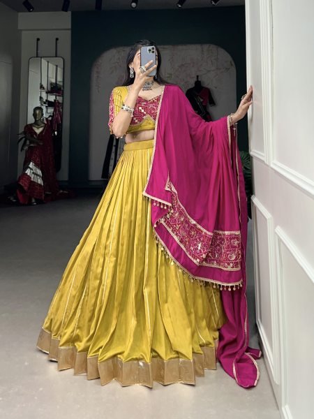 Navratri Collection Gamthi work Chanderi Lehenga Set with Zari Line Gota Patti   Sequins Work Dupatta Navratri Lehnega Choli