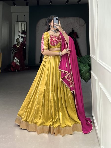 Navratri Collection Gamthi work Chanderi Lehenga Set with Zari Line Gota Patti   Sequins Work Dupatta Navratri Lehnega Choli