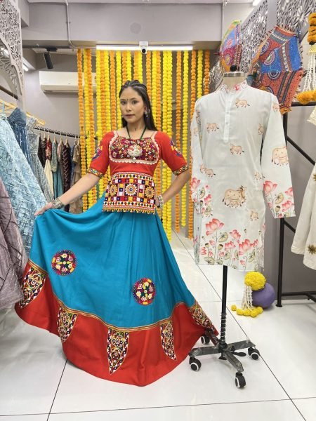 Navratri Couple Combo Mirror Work Chaniya Choli with Printed Kurta at Wholesale Rate Navratri Lehnega Choli