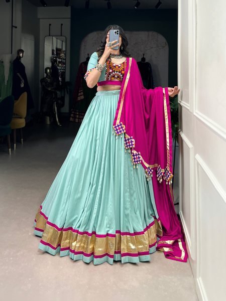 Navratri Dandiya Lehenga Set in Rayon with Mirror  &  Gamthi Work Festive Ready Look Navratri Lehnega Choli