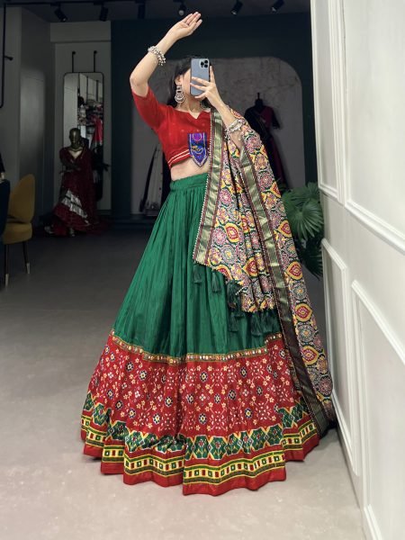Navratri Garba Traditional Printed With Original Mirror Gamthi Work Chaniya Choli  Navratri Lehnega Choli