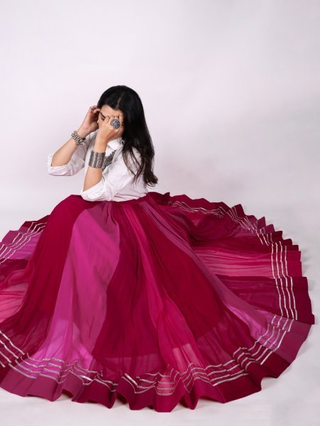 Navratri Hot Pink Lehenga Skirt with 6 Meter Flare   Silver Detailing at Wholesale Rate Navratri Lehnega Choli