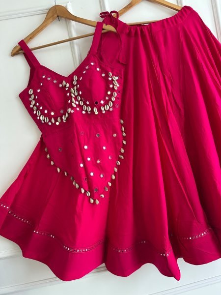 Navratri Hot Pink Rayon Cotton Chaniya Choli with Mirror Embroidery at Direct Factory Price Navratri Lehnega Choli