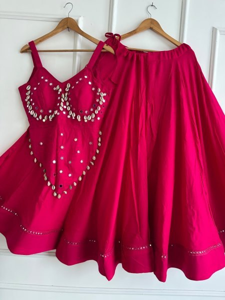 Navratri Hot Pink Rayon Cotton Chaniya Choli with Mirror Embroidery at Direct Factory Price Navratri Lehnega Choli