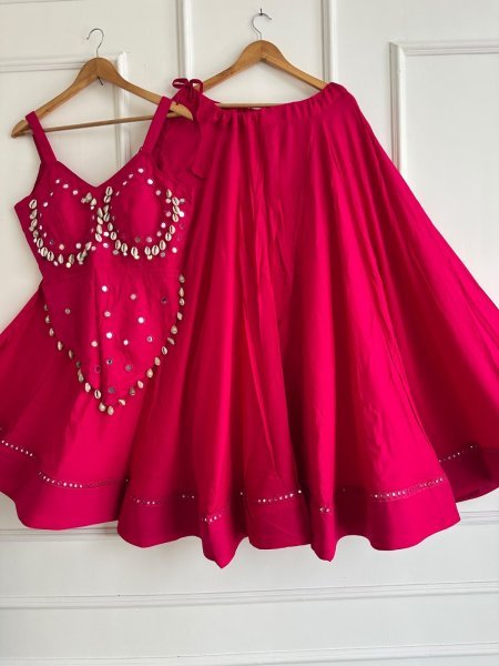 Navratri Hot Pink Rayon Cotton Chaniya Choli with Mirror Embroidery at Direct Factory Price Navratri Lehnega Choli