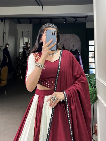 Navratri Look Traditional Wear Dark Red Rayon Lehenga Choli Set Navratri Lehnega Choli
