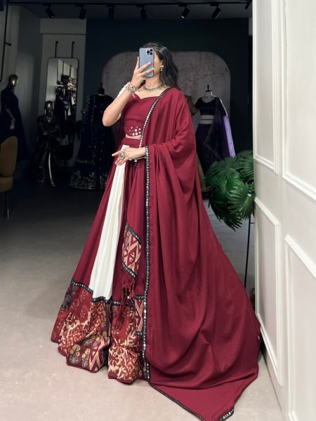 Navratri Look Traditional Wear Dark Red Rayon Lehenga Choli Set Navratri Lehnega Choli