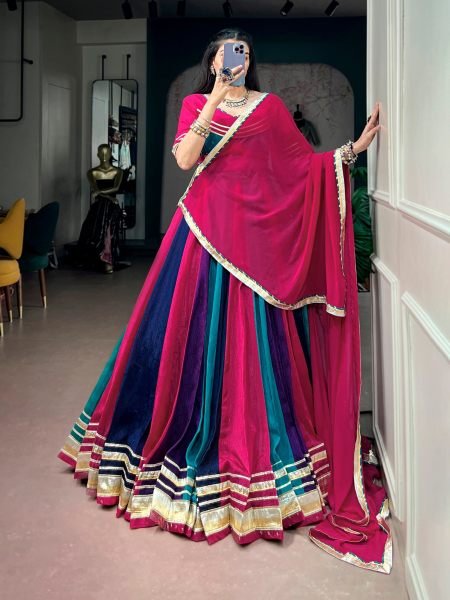 Navratri Multi Color Chinon Lehenga with Gota Patti Lace Blouse and Georgette Dupatta at Wholesae Rate 