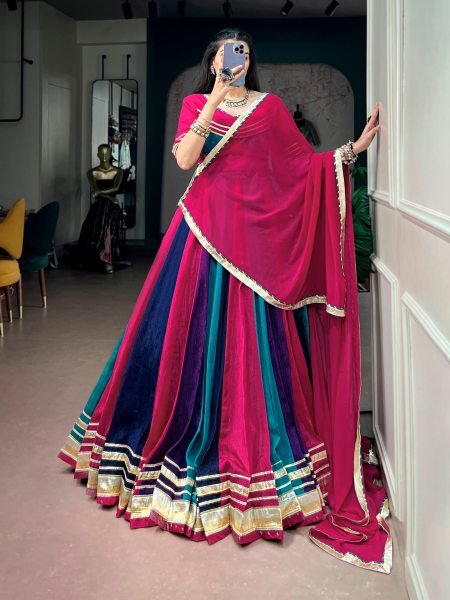 Navratri Multi Color Chinon Lehenga with Gota Patti Lace Blouse and Georgette Dupatta at Wholesae Rate Navratri Lehnega Choli