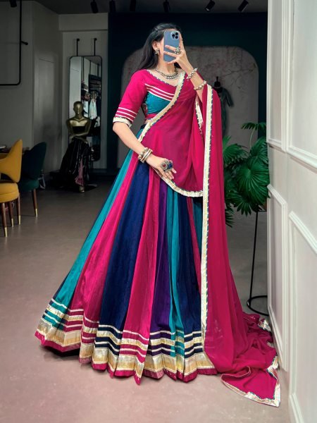 Navratri Multi Color Chinon Lehenga with Gota Patti Lace Blouse and Georgette Dupatta at Wholesae Rate Navratri Lehnega Choli