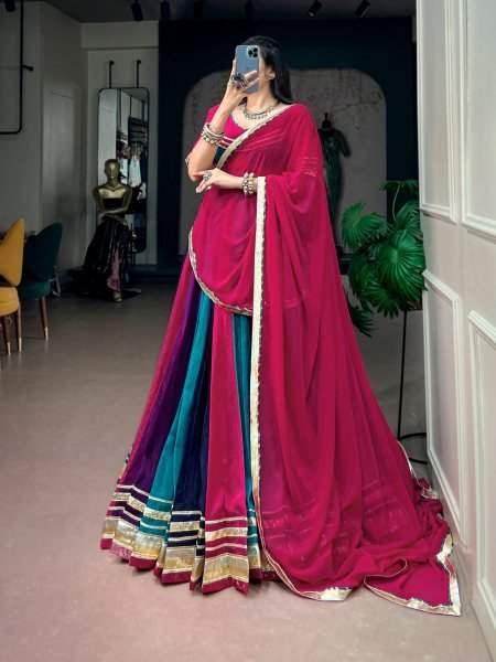 Navratri Multi Color Chinon Lehenga with Gota Patti Lace Blouse and Georgette Dupatta at Wholesae Rate Navratri Lehnega Choli