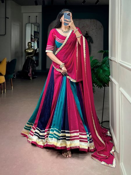 Navratri Multi Color Chinon Lehenga with Gota Patti Lace Blouse and Georgette Dupatta at Wholesae Rate Navratri Lehnega Choli