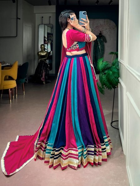 Navratri Multi Color Chinon Lehenga with Gota Patti Lace Blouse and Georgette Dupatta at Wholesae Rate Navratri Lehnega Choli