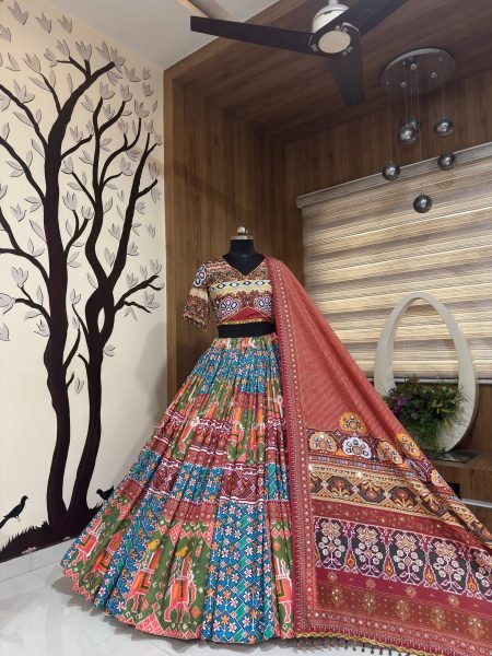 Navratri Muslin Cotton Lehenga Choli with Real Mirror Work and Designer Dupatta Navratri Lehnega Choli