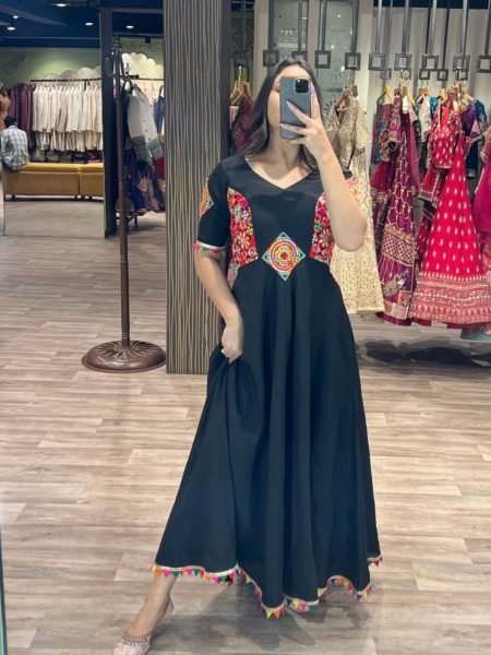 Navratri Noir Traditional Gamthi Work Gown in Roman Silk  Lehenga