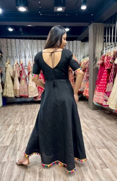 Navratri Noir Traditional Gamthi Work Gown in Roman Silk Navratri Lehnega Choli