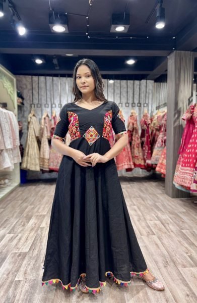 Navratri Noir Traditional Gamthi Work Gown in Roman Silk Navratri Lehnega Choli
