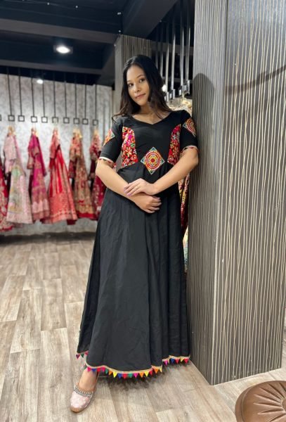 Navratri Noir Traditional Gamthi Work Gown in Roman Silk Navratri Lehnega Choli