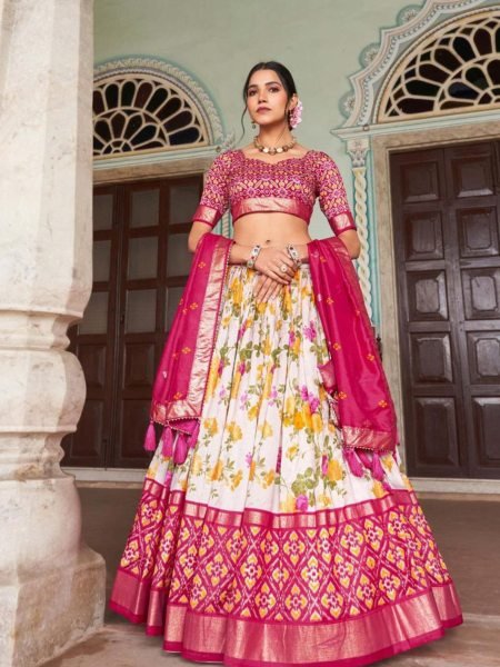 Navratri Royale Pink Tussar Silk Chaniya Choli Set with Foil Patola & Cancan Flair  Lehenga