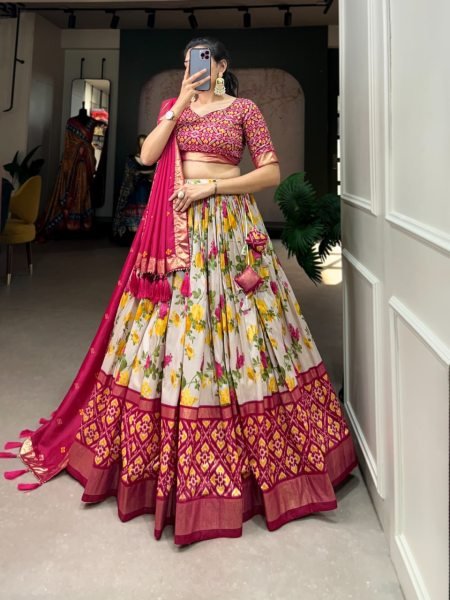 Navratri Royale Pink Tussar Silk Chaniya Choli Set with Foil Patola & Cancan Flair Navratri Lehnega Choli