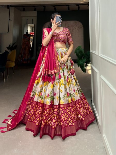 Navratri Royale Pink Tussar Silk Chaniya Choli Set with Foil Patola & Cancan Flair Navratri Lehnega Choli