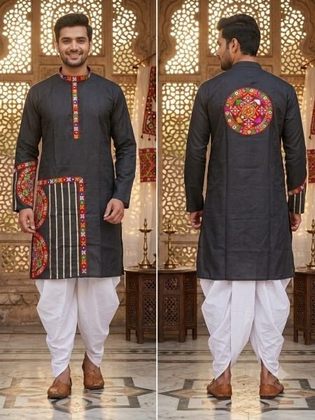 Navratri Special Black Heavy Cotton Kurta with Traditional Gamthi Pattern 