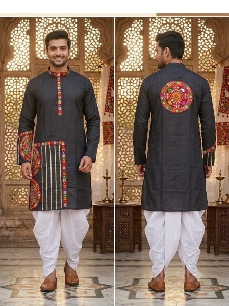 Navratri Special Black Heavy Cotton Kurta with Traditional Gamthi Pattern Kurta Pajama Wholesale