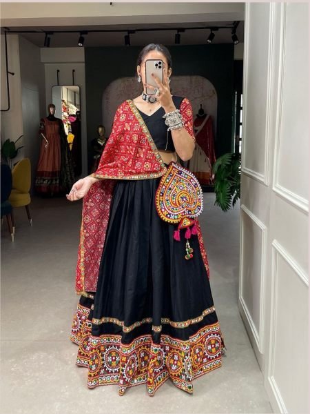 Navratri Special Black Pure Cotton Gamthi Work Lehenga Choli 