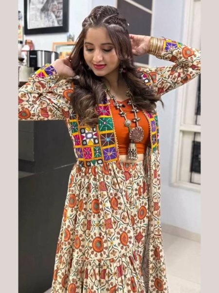 Garba Ready Cotton Mirror Lehenga with Kachchi Shrug Navratri Special  Lehenga