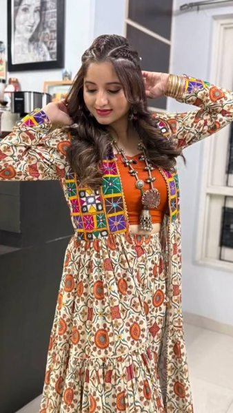 Garba Ready Cotton Mirror Lehenga with Kachchi Shrug Navratri Special Navratri Lehnega Choli