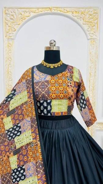 Navratri Special Muslin Cotton Lehenga Choli with Digital Print and Real Mirror Work Festive Ready Chaniya Choli Navratri Lehnega Choli