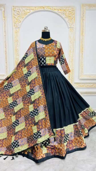 Navratri Special Muslin Cotton Lehenga Choli with Digital Print and Real Mirror Work Festive Ready Chaniya Choli Navratri Lehnega Choli