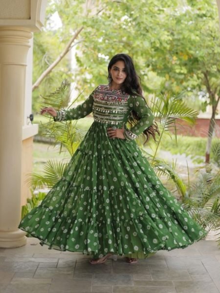 Navratri Special Green 12 Meter Flair Bandhani Gown with Kutchi Work 
