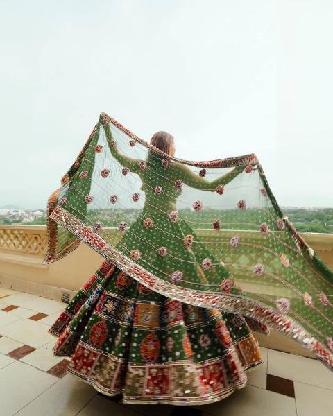 Navratri Special Green Color Mirror Work Lehenga Choli with Dupatta At Wholesale Rate Navratri Lehnega Choli