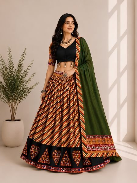 Navratri Special Multi Color Cotton Silk Lehenga Choli with Gamthi Butta and Mirror Work Navratri Lehnega Choli