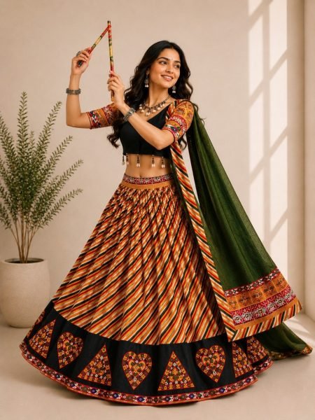 Navratri Special Multi Color Cotton Silk Lehenga Choli with Gamthi Butta and Mirror Work Navratri Lehnega Choli