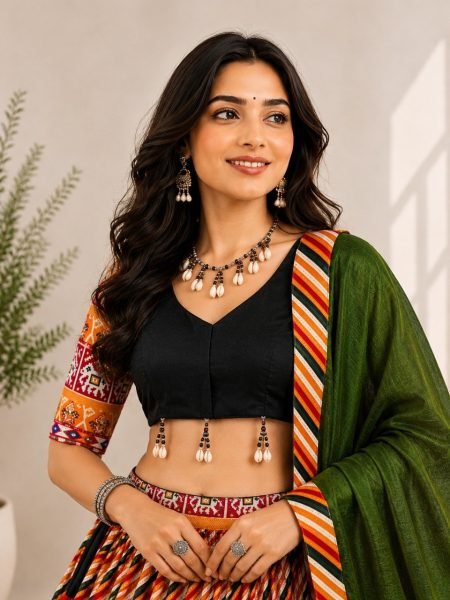 Navratri Special Multi Color Cotton Silk Lehenga Choli with Gamthi Butta and Mirror Work Navratri Lehnega Choli