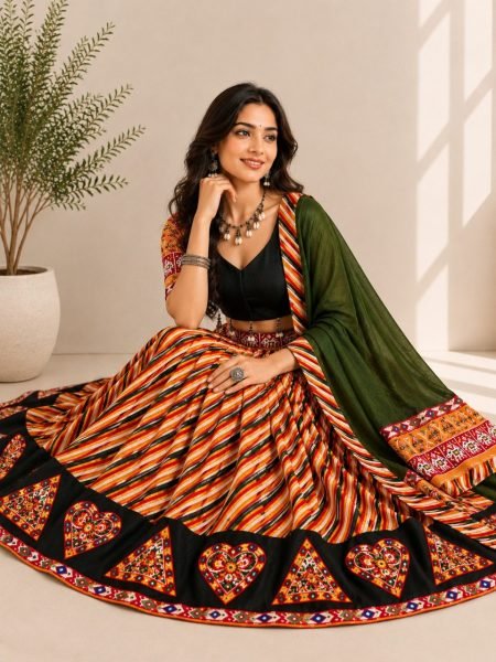 Navratri Special Multi Color Cotton Silk Lehenga Choli with Gamthi Butta and Mirror Work Navratri Lehnega Choli