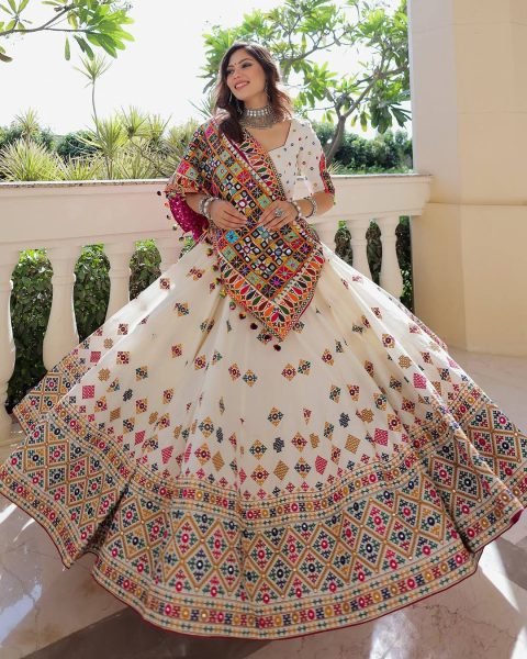 Navratri Special Muslin Lehenga Choli with Mirror Embroidery Wholesale Ready Navratri Lehnega Choli