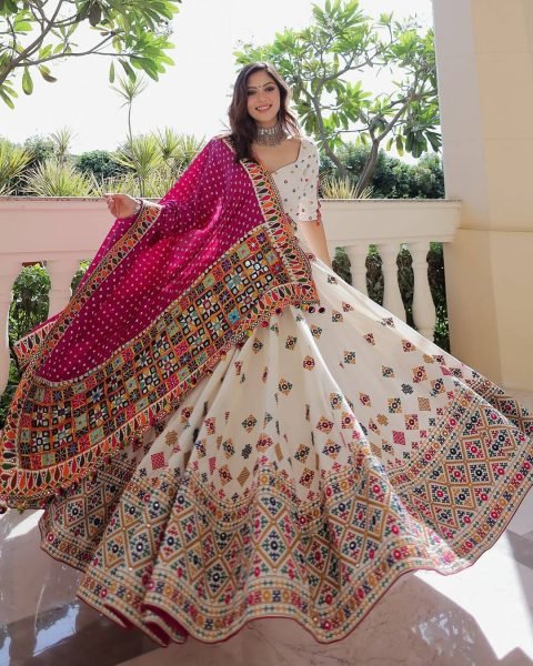 Navratri Special Muslin Lehenga Choli with Mirror Embroidery Wholesale Ready Navratri Lehnega Choli