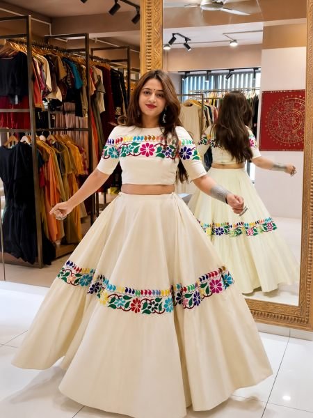Navratri Special OffWhite Fully Stitched Kora Cotton Lehenga Choli with Real Mirror Work  Lehenga