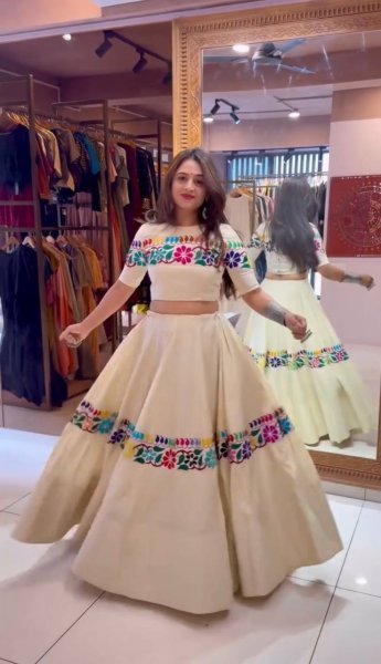 Navratri Special OffWhite Fully Stitched Kora Cotton Lehenga Choli with Real Mirror Work Navratri Lehnega Choli