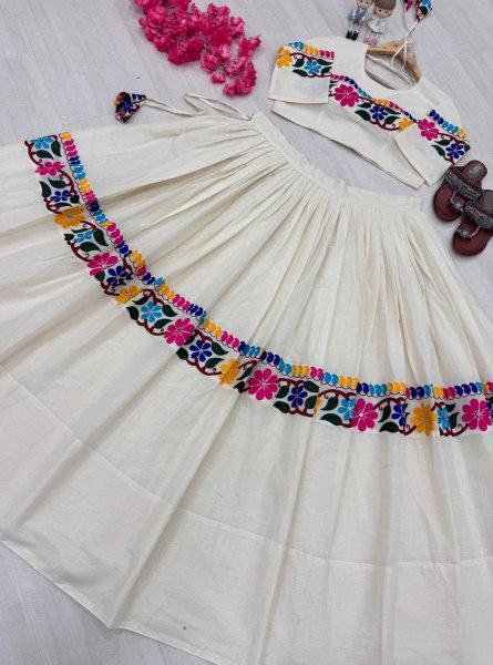 Navratri Special OffWhite Fully Stitched Kora Cotton Lehenga Choli with Real Mirror Work Navratri Lehnega Choli